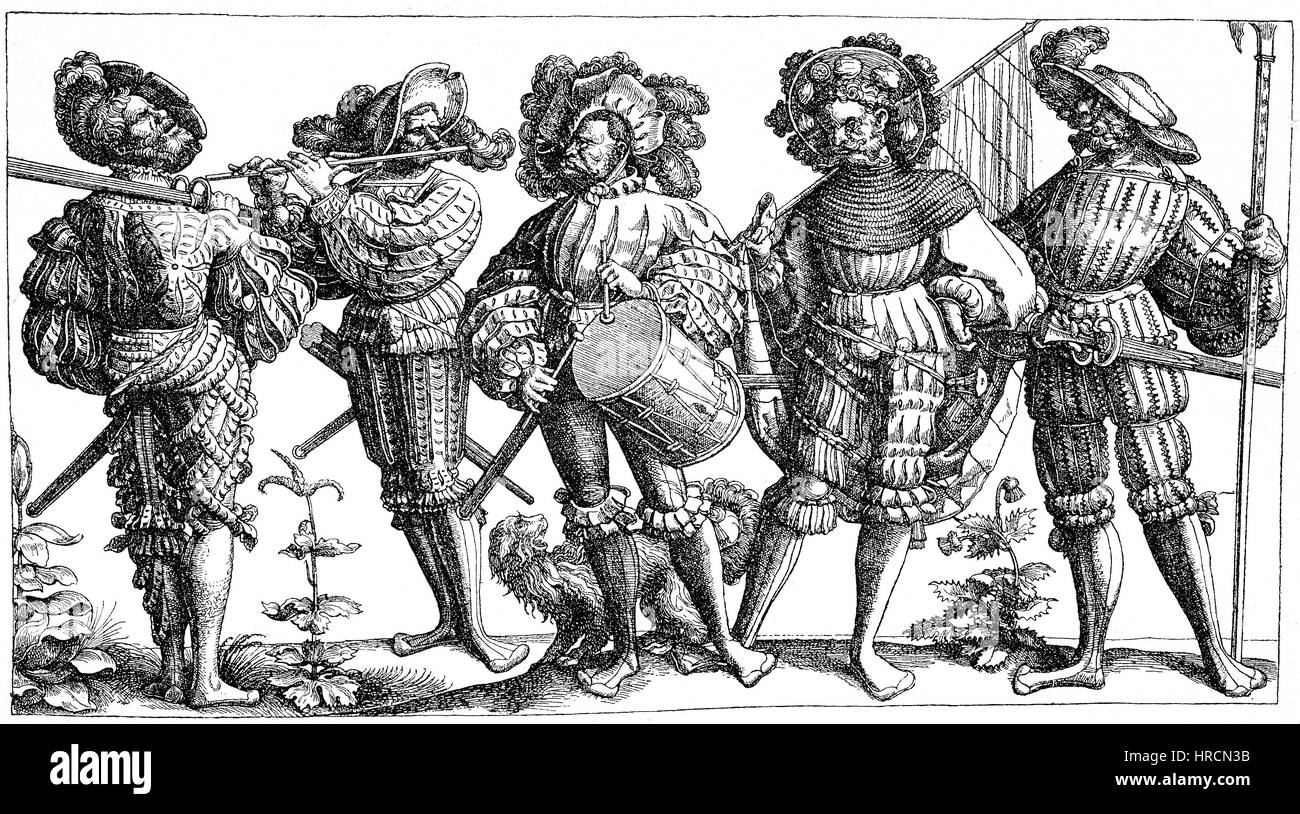 Landsknechts, soldati a piedi con la spada, tubo, il tamburo e il portabandiera, attacco di Daniel Hopfer, c. 1530, la Germania, la riproduzione di una xilografia dal xix secolo, 1885 Foto Stock