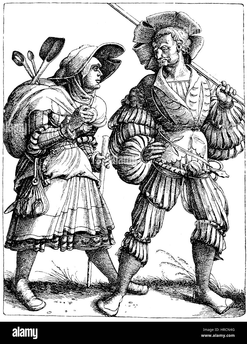 Un Landsknecht, soldati a piedi con la moglie, facsimile dell'incisione su rame di Daniel Hopfer, intorno al 1500, Germania, riproduzione di una xilografia dal xix secolo, 1885 Foto Stock