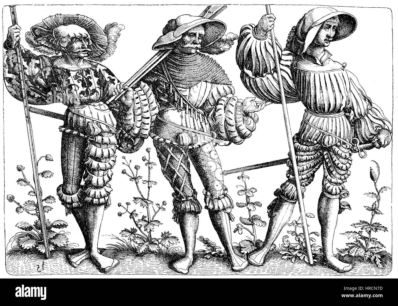 Tre Landsknechte, soldati a piedi, facsimile di una incisione su rame di Daniel Hopfer, ca 1500, Germania, riproduzione di una xilografia dal xix secolo, 1885 Foto Stock