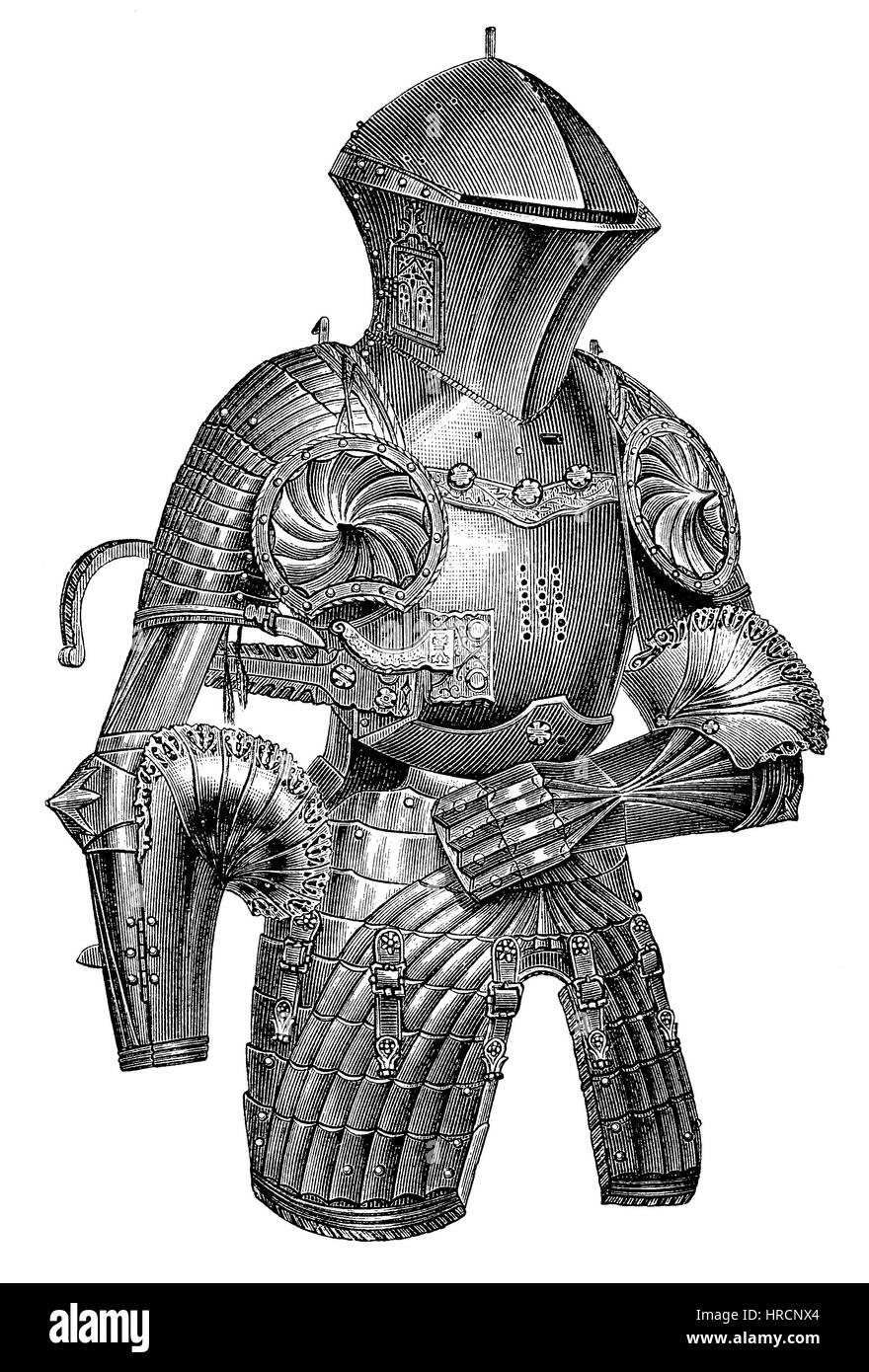 Equipaggiamento del torneo, Armor di Massimiliano I, nel Museo di Vienna, Austria, riproduzione di una xilografia dal xix secolo, 1885 Foto Stock