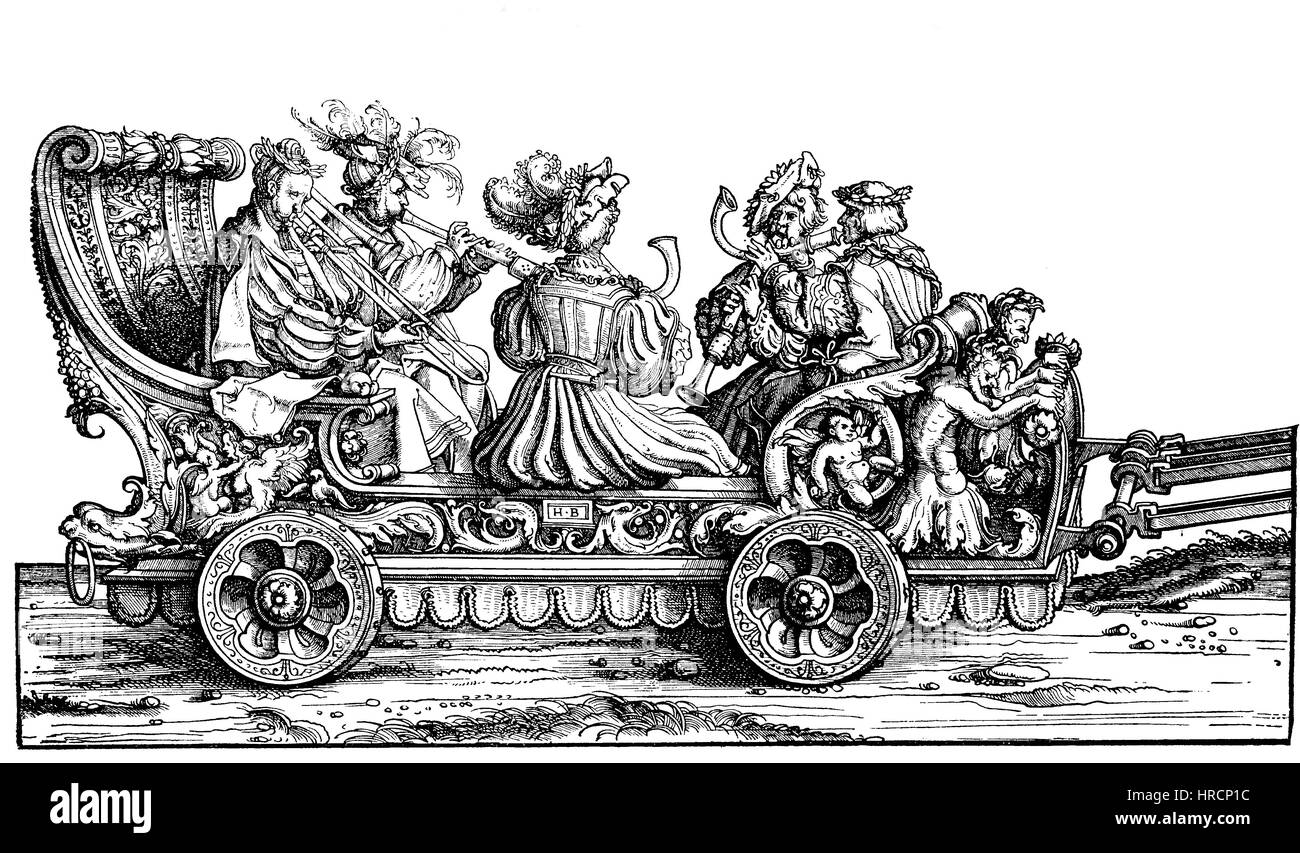 I carri di trombe e di corni, gruppo di Maximilians I.processione trionfale, facsimile da Hans Burgkmair xilografia: la processione trionfale in tedesco, Triumphzug o Trionfi di Massimiliano è un monumentale risalente al XVI secolo , riproduzione di una xilografia dal xix secolo, 1885 Foto Stock