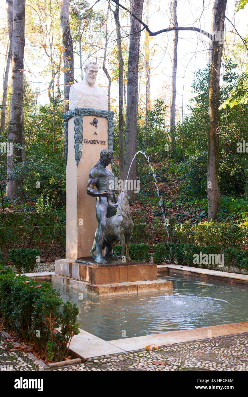 El atleta y la cabra, Fontana di Angelo Ganivet da Juan Cristóbal González, Granada, Andalusia, Spagna, Europa Foto Stock