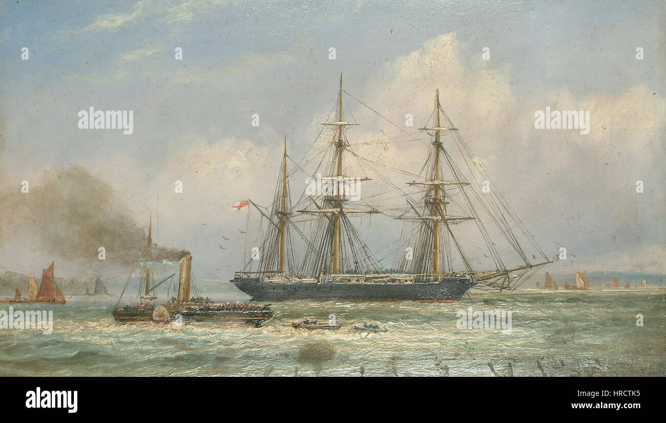 Il dipinto di Charles John De Lacy del 1876 raffigura una scena in un estuario con un veliero a tre comandanti e un piroscafo a pale. Il lavoro mette in mostra l'attività marittima e il design delle navi del XIX secolo, sottolineando l'interazione tra luce e acqua. Foto Stock