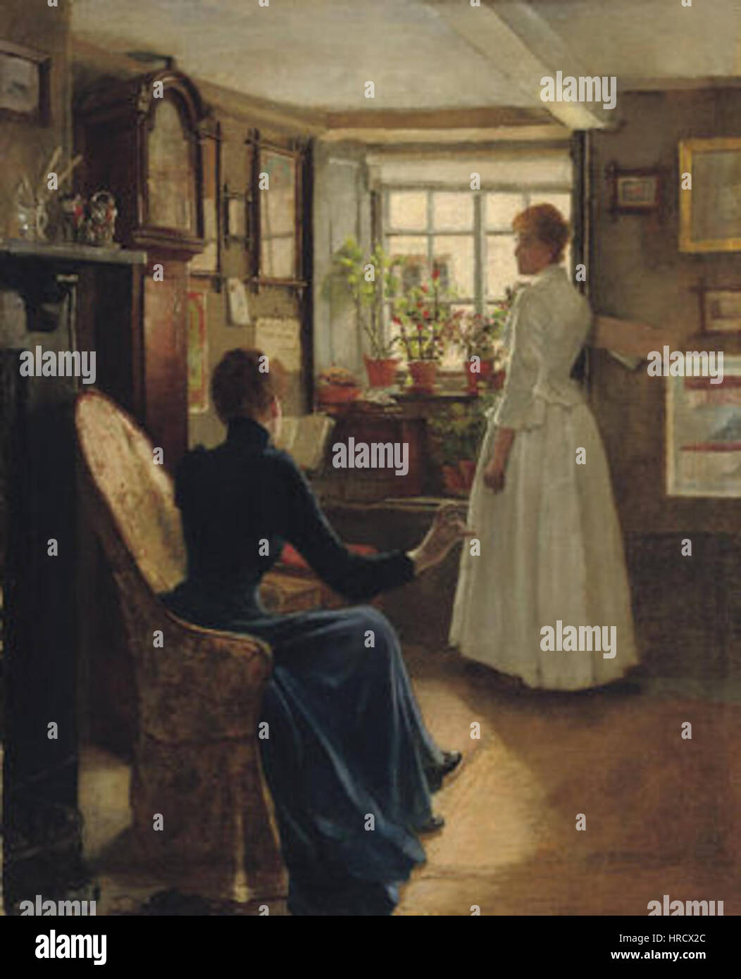 Reading Aloud (1892) di Bartlett è un dipinto che raffigura una donna che legge ad alta voce in un ambiente domestico. Il pezzo cattura il momento calmo e intimo con attenzione all'espressione del soggetto e all'atmosfera della stanza. Foto Stock