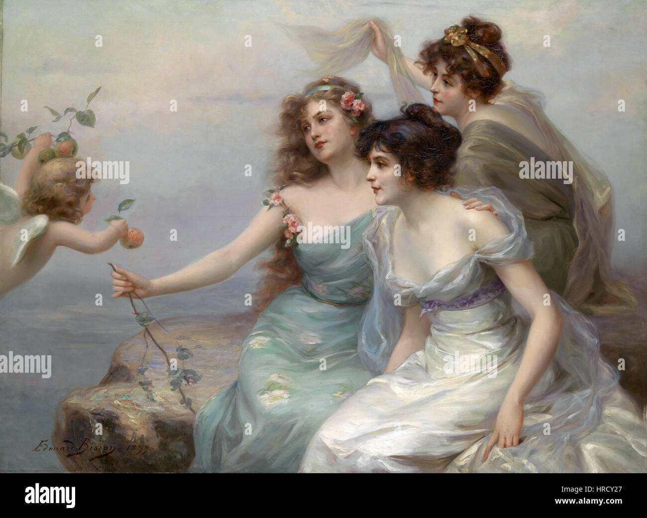 "Die drei Grazien" di Edouard Bisson (le tre Grazie) del 1899 è una rappresentazione classica di tre figure femminili che simboleggiano il fascino, la bellezza e la creatività. Il dipinto evidenzia la maestria di Bisson nel ritrarre la forma femminile e i temi classici. Foto Stock
