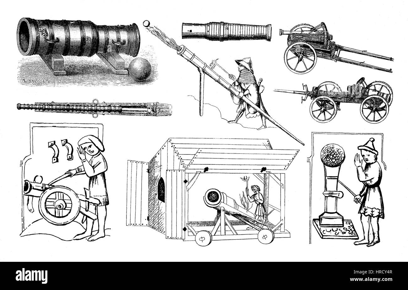 Le illustrazioni dei vari tipi di armi della più antica artiglieria, Germania, cannone, arma, riproduzione di una xilografia dal xix secolo, 1885 Foto Stock