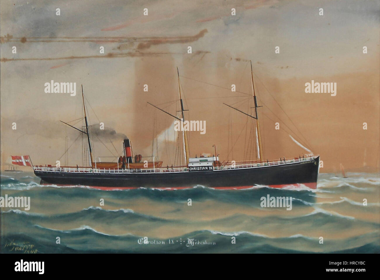 "Il piroscafo danese Christian IX" di Geo Johansen raffigura la nave in una dinamica scena marittima. Il dipinto mostra la nave a vapore in azione, evidenziando la potenza e il design dell'imbarcazione. Foto Stock