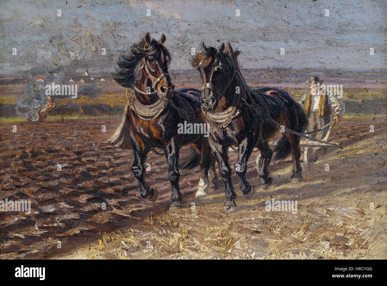 "Zwei Rappen am Pflug" di Friedrich Eckenfelder raffigura due cavalli che lavorano un aratro in un ambiente rurale. Il dipinto riflette la vita del XIX secolo, mostrando il lavoro dell'agricoltura e il rapporto tra esseri umani e animali. Foto Stock