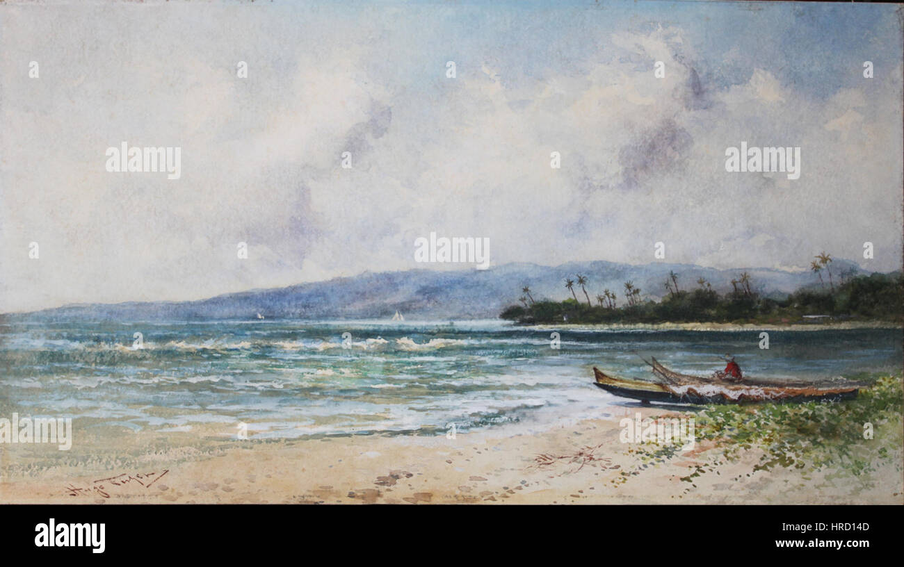 "Hawaiian Canoe sulla spiaggia di Waikiki' da Hugo Fisher, 1896, acquerello Foto Stock