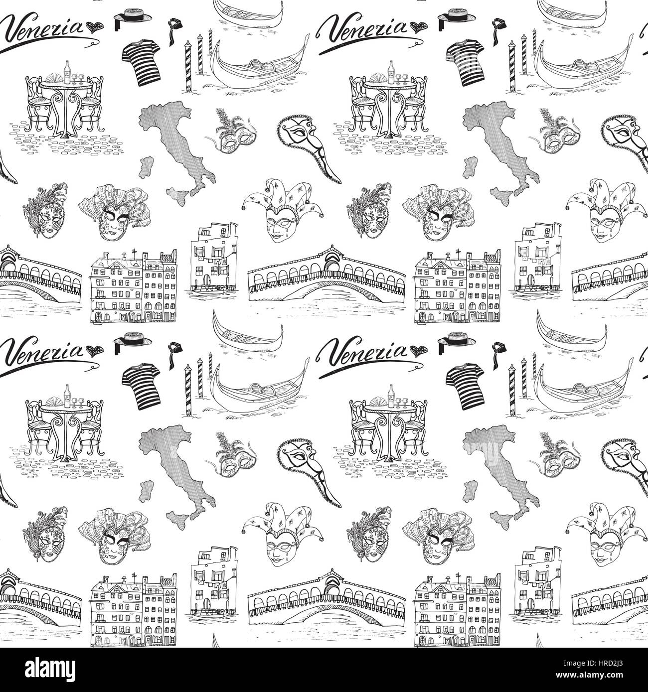 Venezia Italia seamless pattern. Mano bozzetto con la mappa di Italia e gondole, gondoliere vestiti, Carnevale Maschere Veneziane, case, mercato, bridge cafe Illustrazione Vettoriale