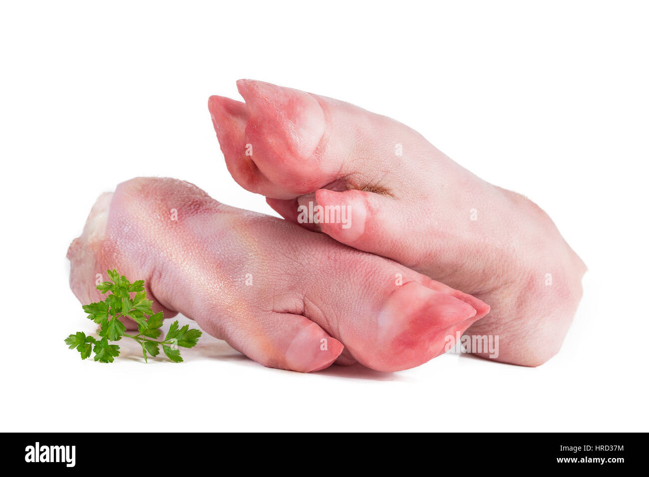 Carne di maiale cruda gambe con prezzemolo su sfondo bianco Foto Stock