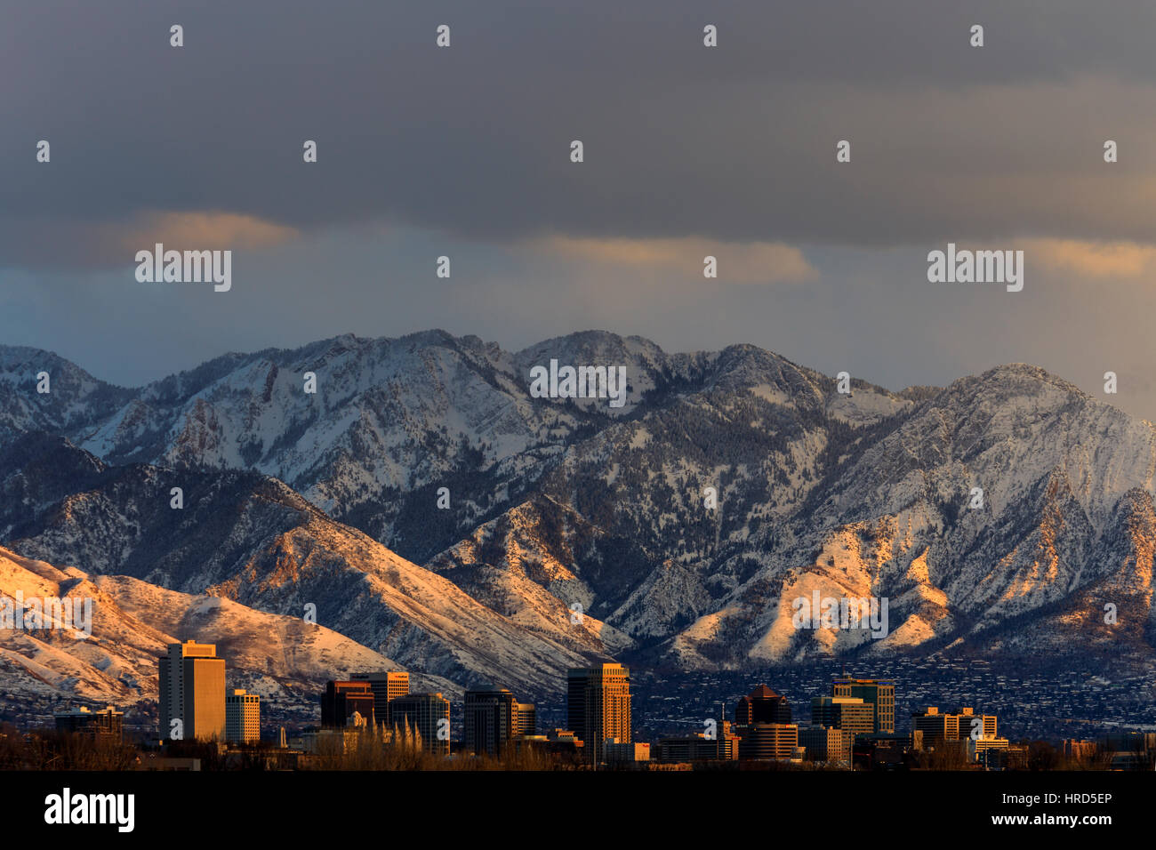 Questa è una vista del centro cittadino di Salt Lake City, Utah, Stati Uniti d'America nella calda luce del sole al tramonto con la coperta di neve Montagne Wasatch come sfondo. Foto Stock