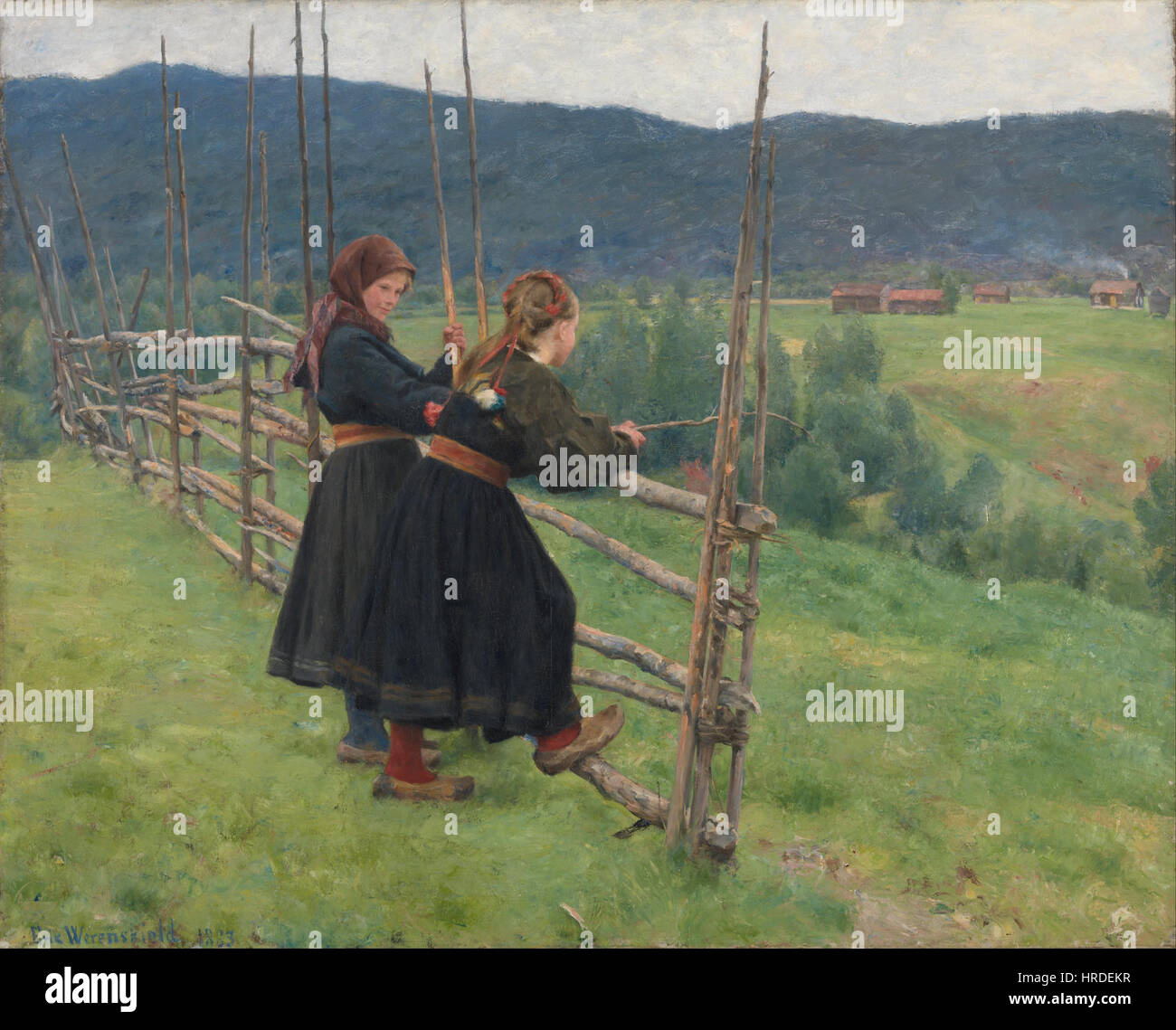 "Settembre" di Erik Werenskiold è un dipinto di paesaggio norvegese del XIX secolo che raffigura la serena bellezza della campagna norvegese in autunno. L'opera riflette la maestria di Werenskiold nel catturare l'ambiente naturale. Foto Stock