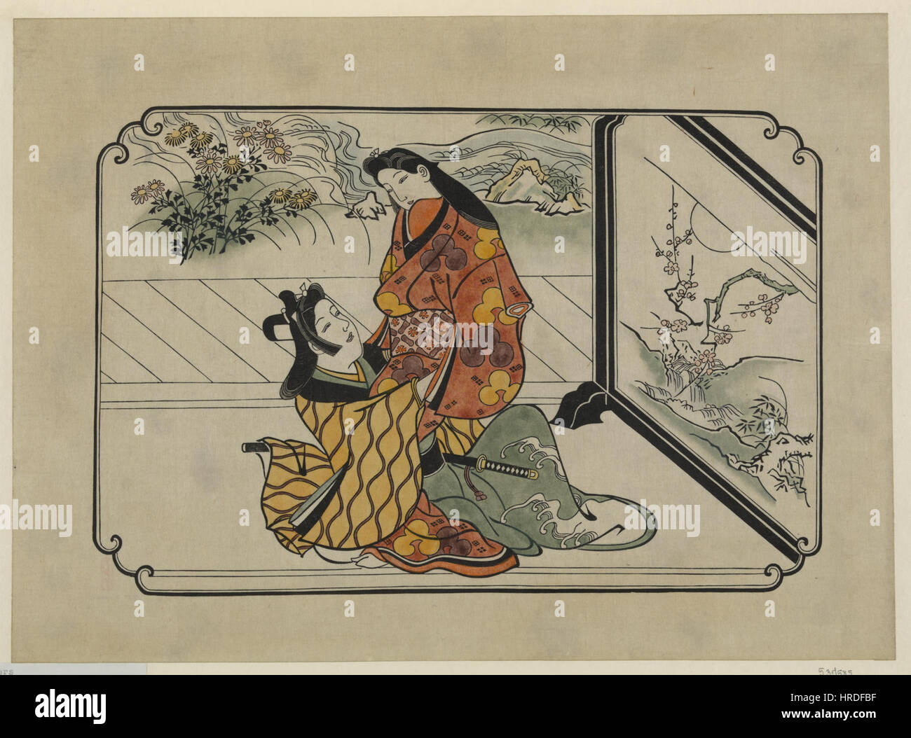 Hishikawa Moronobu (1680) due amanti abbracciando nella parte anteriore di un dipinto di schermo (colorate a mano) Foto Stock