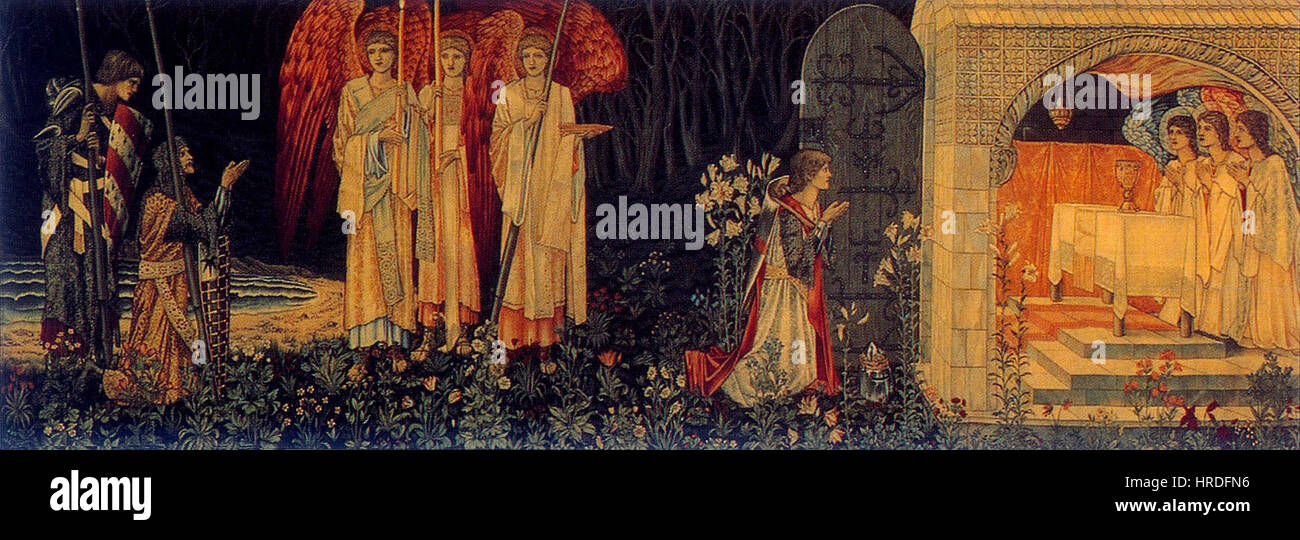 Il Compimento: La Visione del Santo Graal per Sir Galahad, Sir Bors e Sir Perceval, un arazzo progettato da Sir Edward Burne-Jones, William Morris e John Henry Dearle, tessuto da Morris & Co. nel 1895-96 per Lawrence Hodson di Compton Hall. Foto Stock