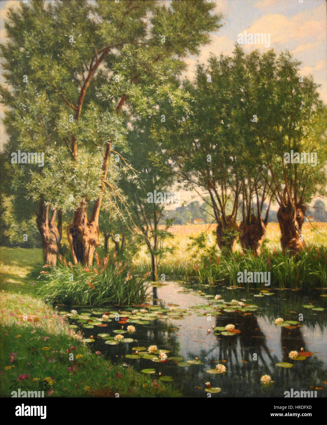 Henri Biva, Scena di fiume in primavera, Francia (vista di salici sulla sponda di un fiume con Waterlilies), olio su tela, circa 60 x 49 cm Foto Stock