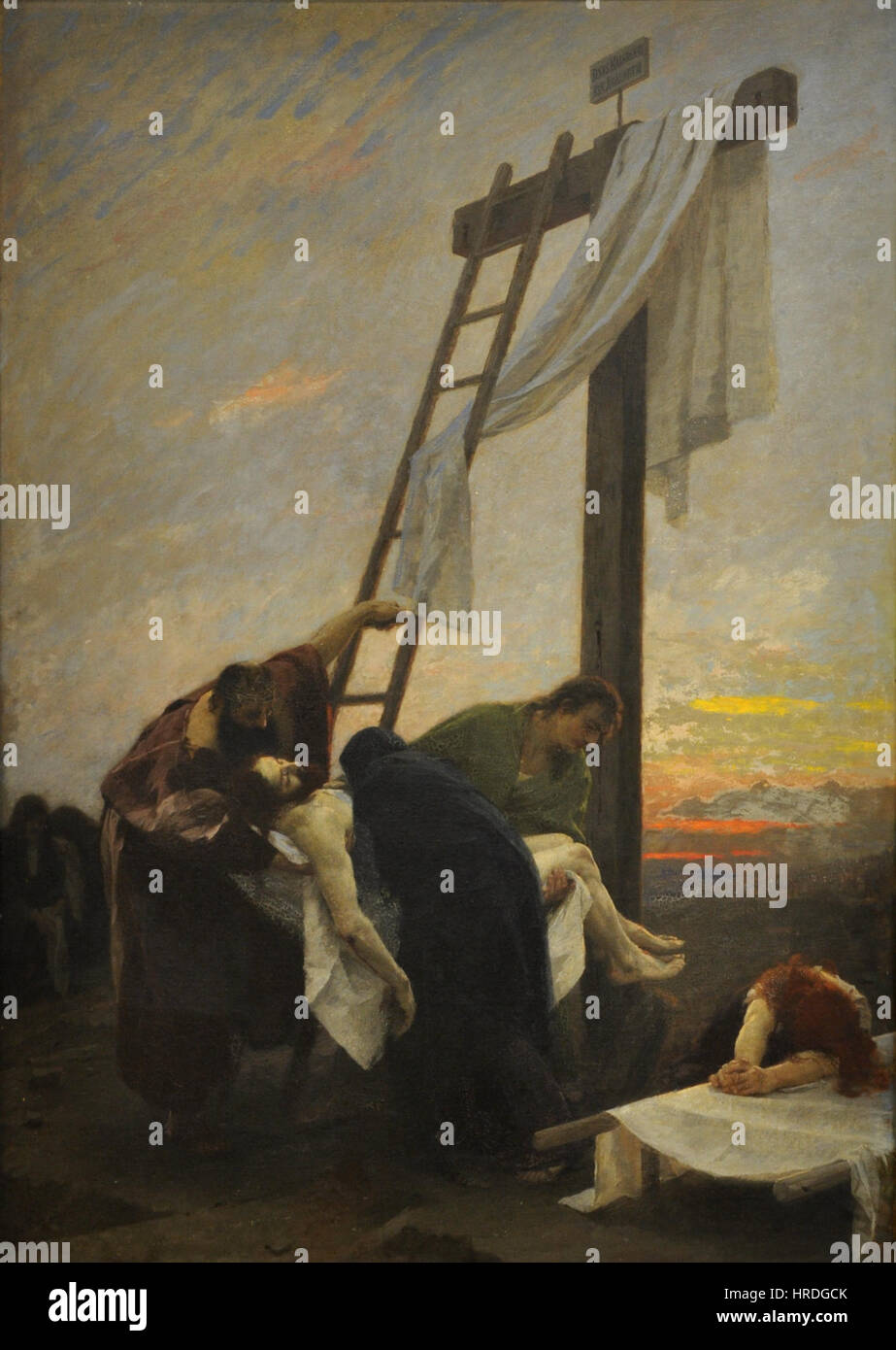 La Deposizione dalla croce, un dipinto di Gebhard Fugel, un artista tedesco, creato nel 1889-1890, che presenta la scena della Deposizione dalla croce. Foto Stock