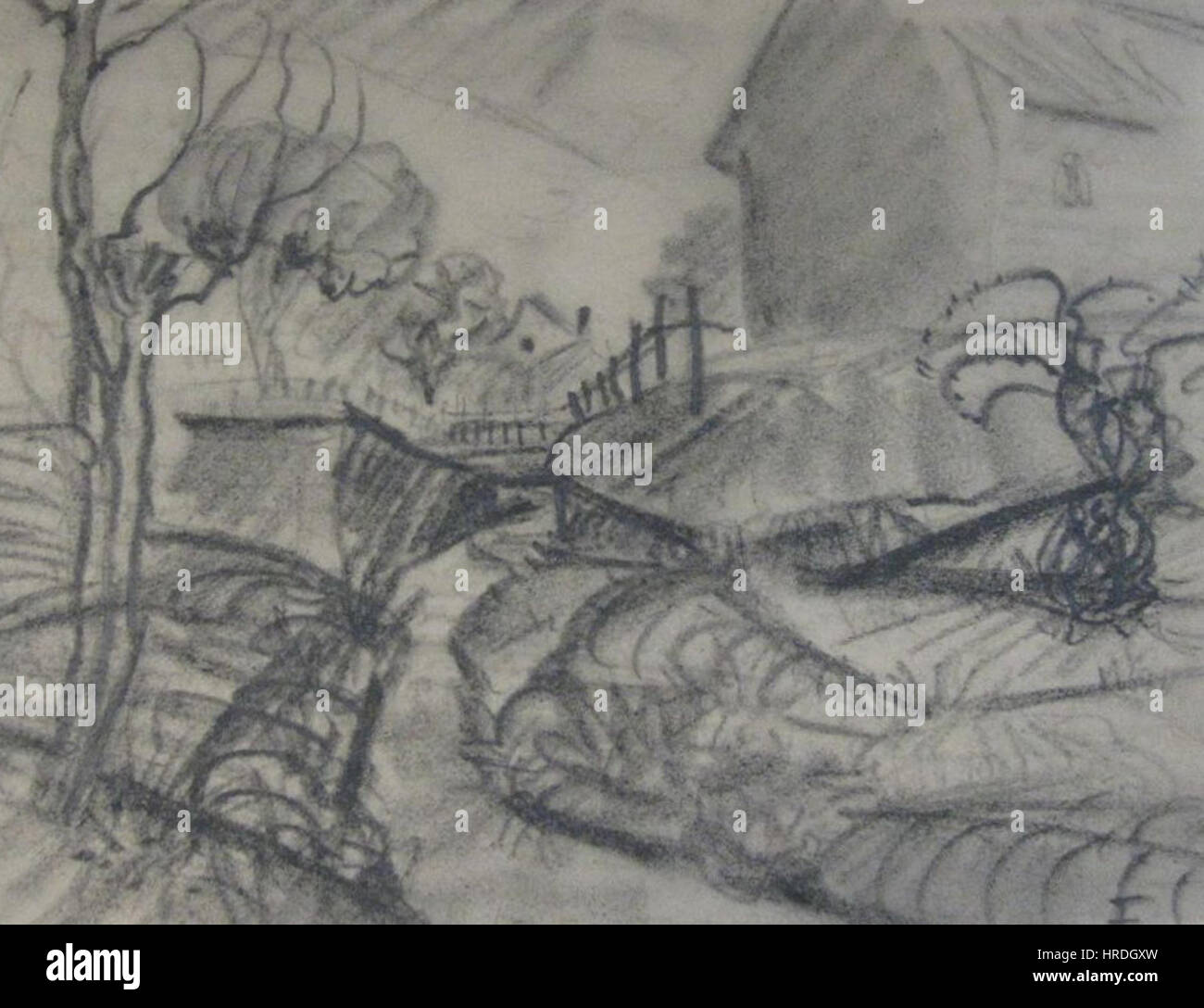 Il "Kohlezeichnung" (disegno a carbone) di Waldemar Flaig presenta uno studio sorprendente della luce e dell'ombra. Il pezzo mette in evidenza la maestria di Flaig nel carbone come mezzo, concentrandosi sulla consistenza e la profondità per creare una rappresentazione realistica del suo soggetto. Foto Stock