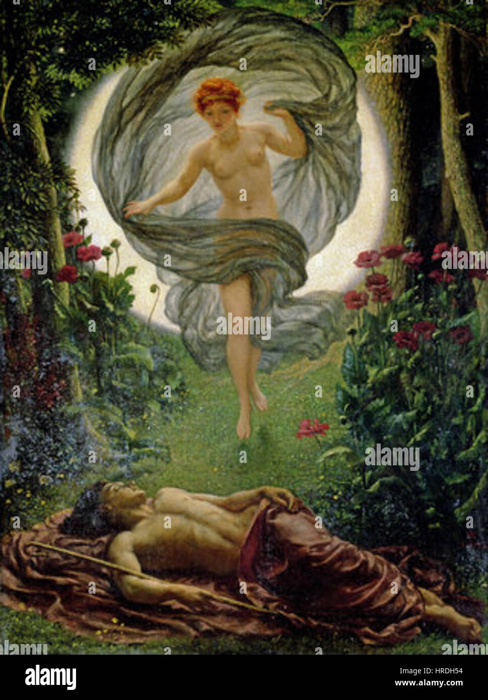 «Le visioni di Endymion» (1902) di Edward Poynter illustra il mito greco di Endymion, catturando il suo sonno eterno mentre sogna la dea della luna Selene. L'opera combina la mitologia con il romanticismo dell'epoca vittoriana. Foto Stock