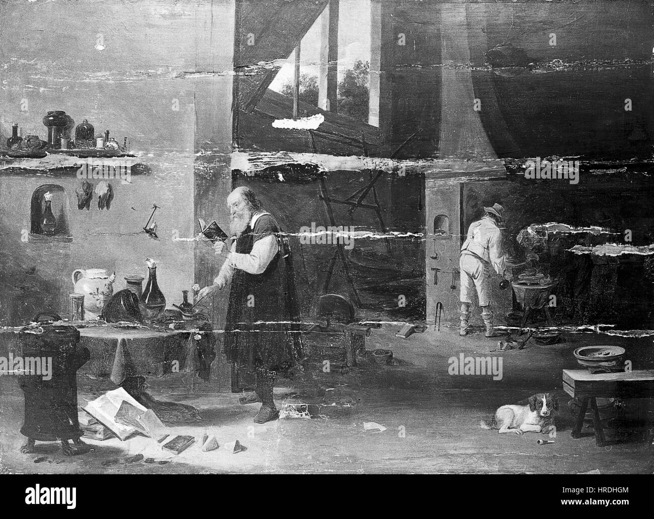 Un alchimista nel suo laboratorio. Pittura di olio da un inseguitore o Wellcome L0011531 Foto Stock