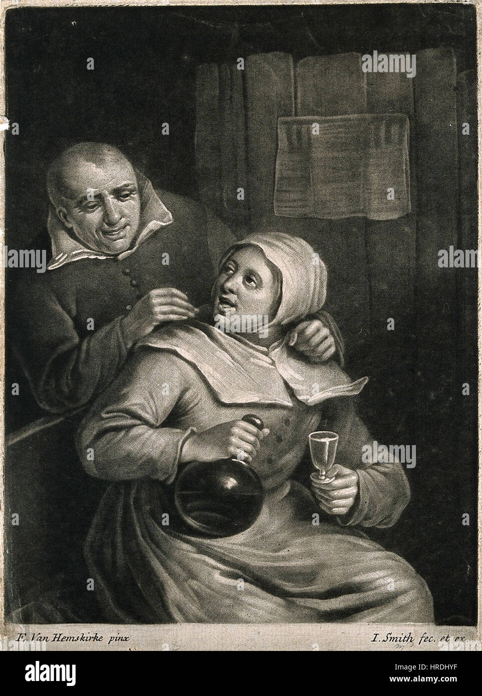 Questa illustrazione medica del XIX secolo, intitolata "Un uomo si appoggia su una donna seduta che tiene un bicchiere e una bottiglia", raffigura una scena che potrebbe essere legata a un contesto medico o storico. È probabilmente parte dell'archivio visivo della storia medica della Wellcome Collection. Foto Stock