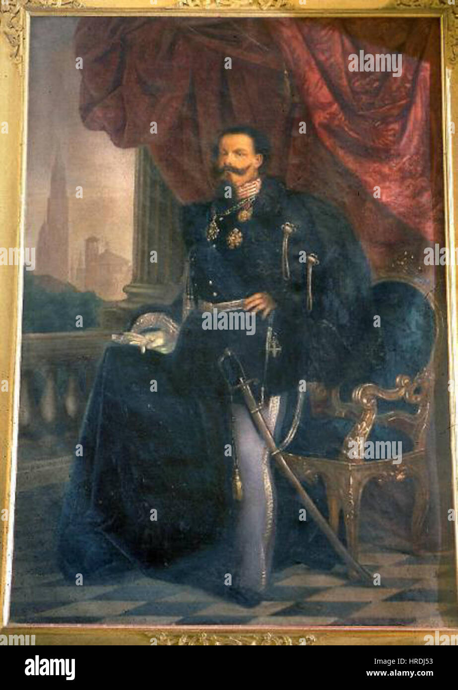 "Ritratto di Vittorio Emanuele II di Savoia" è un ritratto del re Vittorio Emanuele II di Sardegna, che divenne il primo re d'Italia. Il dipinto evidenzia la sua presenza regale, incarnando il potere e l'importanza del suo regno durante l'unità d'Italia. Foto Stock