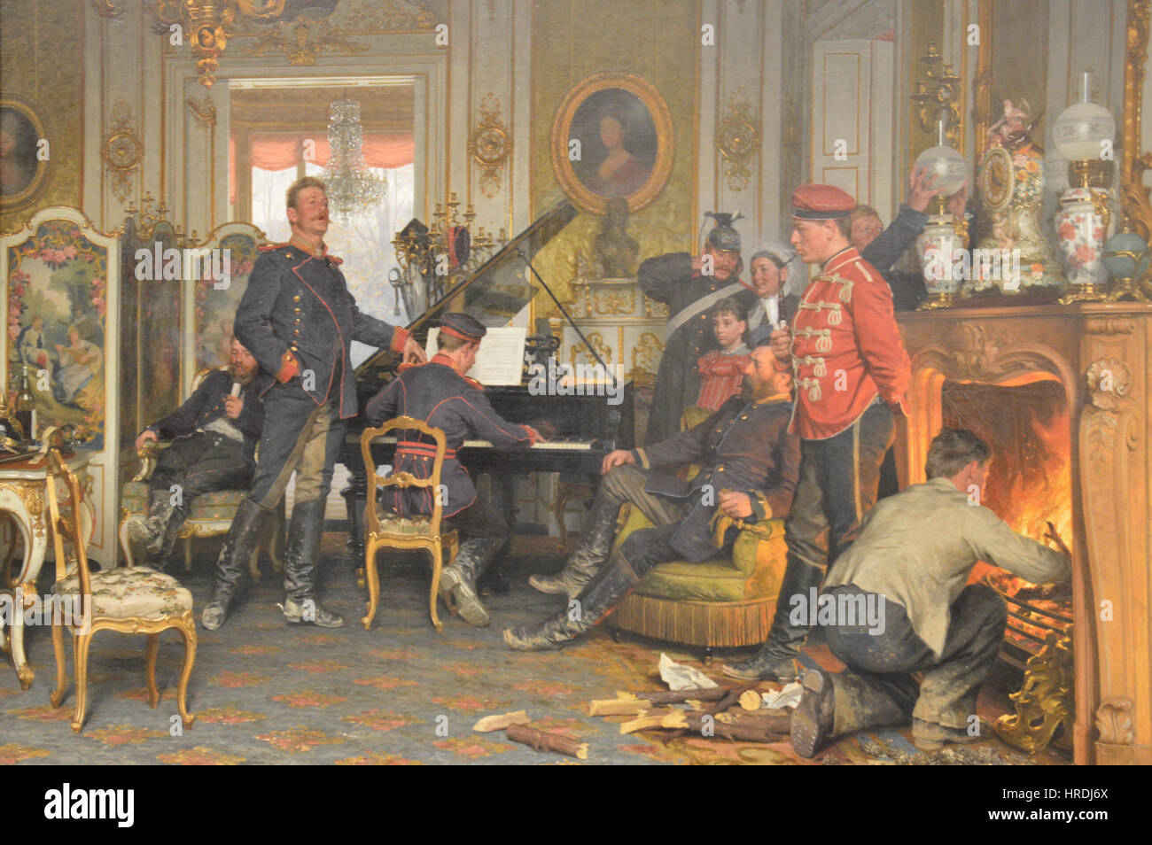 "A Billet Outside Paris" di Anton von Werner (1894) è un dipinto storico che cattura una scena fuori Parigi. Lo stile di Werner si concentra tipicamente su soggetti storici e grandi narrazioni, riflettendo il suo interesse per la storia tedesca. Foto Stock