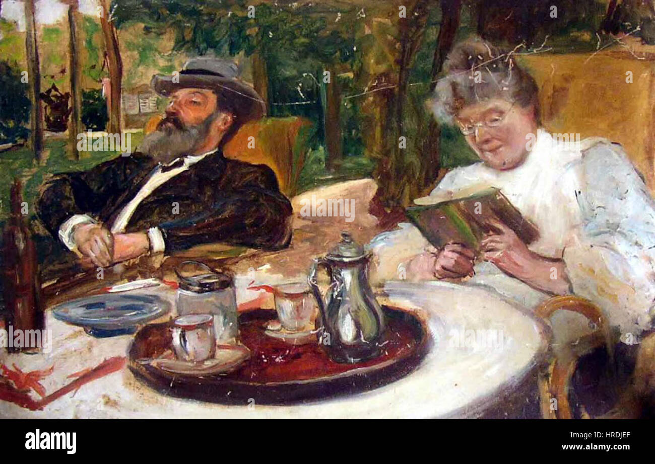 "Les Parents" è un dipinto francese che raffigura una scena familiare, con particolare attenzione alle relazioni familiari e alla profondità emotiva dei legami parentali. Il lavoro evidenzia l'intimità e la vicinanza all'interno di un'unità familiare. Foto Stock