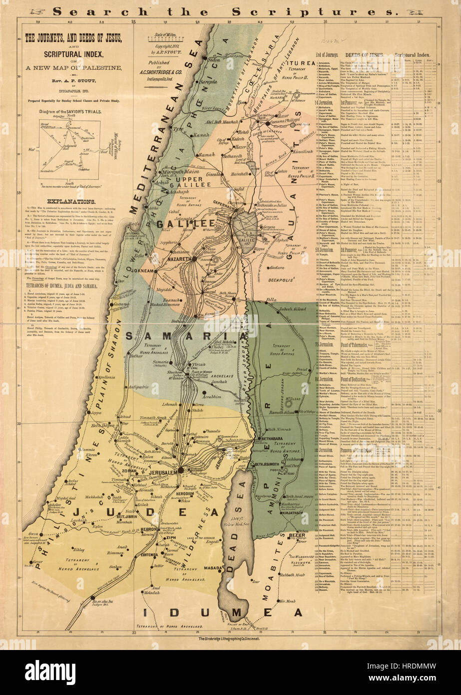 Andrew Pearce Stout. I viaggi e le opere di Gesù e scriptoral indice su una nuova mappa della Palestina. 1881 Foto Stock