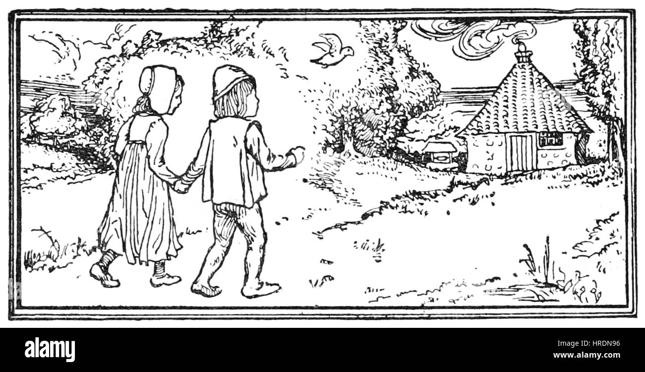 Questa illustrazione tratta da "Grimm's Household Tales" raffigura una delle tante fiabe della famosa collezione. L'opera d'arte accompagna il testo, esaltando la narrazione con una narrazione visiva, dando vita ai temi magici e morali dei racconti. Foto Stock