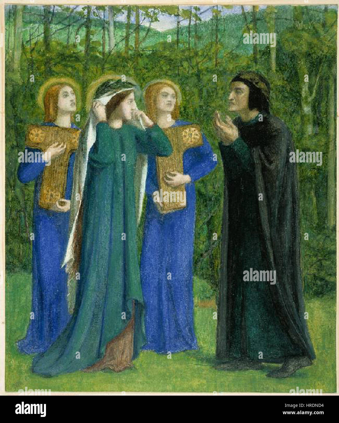 Il dipinto del 1853 di Dante Gabriel Rossetti, "l'incontro di Dante e Beatrice in Paradiso", cattura il momento leggendario della "Divina Commedia" di Dante. L'opera ritrae Dante e Beatrice in un ambiente paradisiaco, evidenziando la maestria di Rossetti nell'immaginario simbolico e romantico. Foto Stock