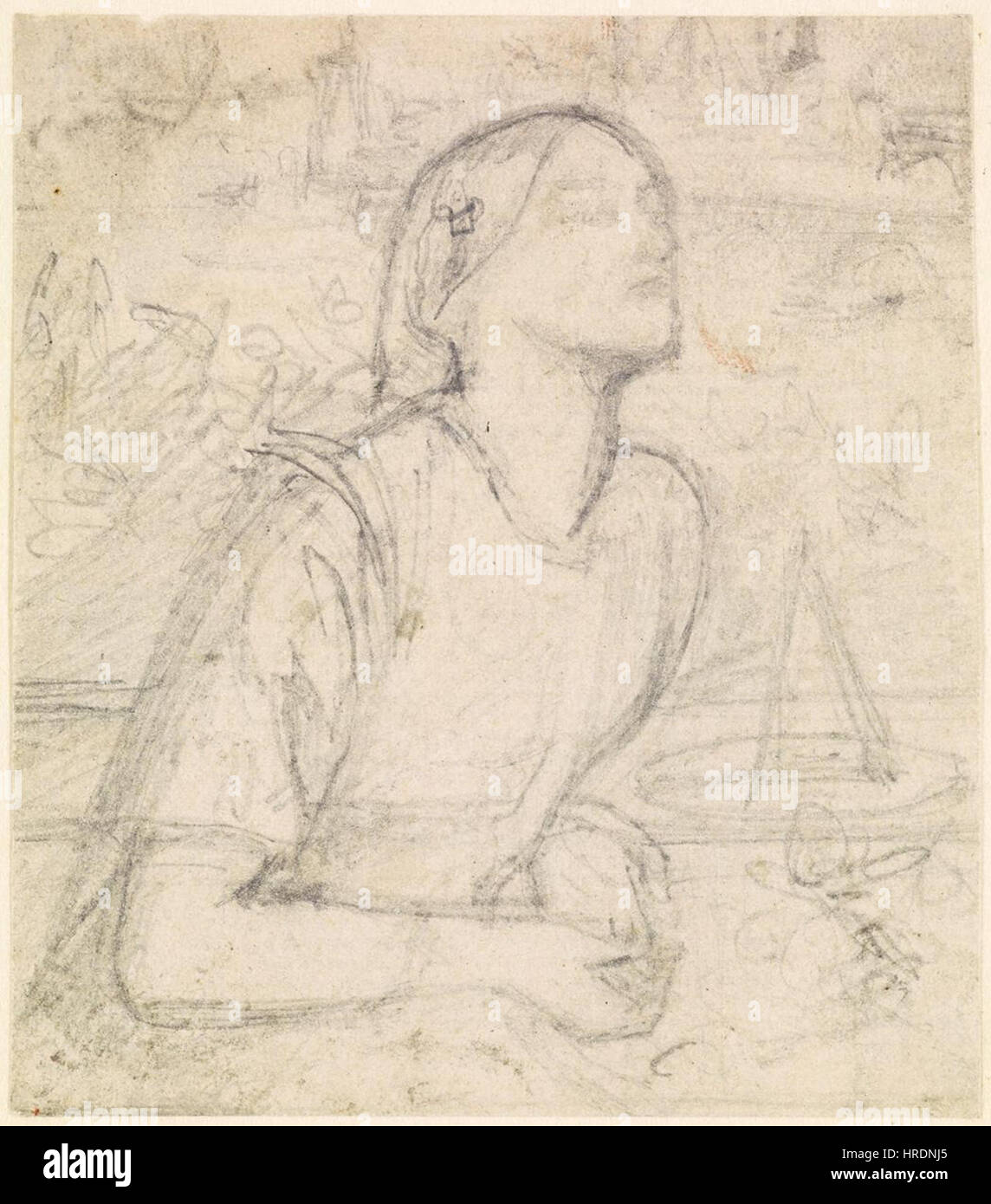 Lo schizzo *Beata Beatrix* di Dante Gabriel Rossetti presenta una prima composizione del suo dipinto iconico. Mostra il suo interesse per il simbolismo medievale e la rappresentazione di figure femminili all'interno di contesti spirituali, combinando i dettagli pre-rapaelliti con la profondità emotiva. Foto Stock