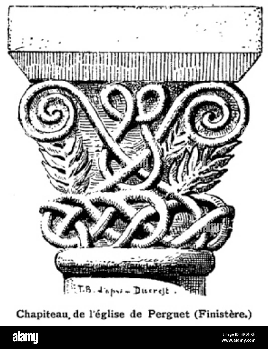 Il Chapiteau Perguet presenta un elemento di design architettonico che si concentra su una dettagliata rappresentazione di una colonna o di un pilastro, tipico dell'architettura classica o neoclassica, evidenziando caratteristiche ornamentali. Foto Stock
