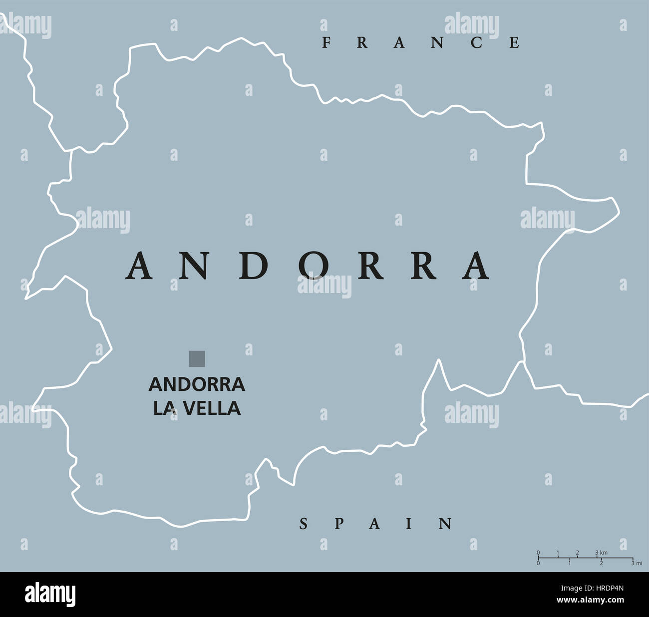 Andorra Mappa politico con capitale Andorra la Vella e vicini della Francia e della Spagna. Principato, del paese e del microstato nell Europa sud-occidentale. Foto Stock