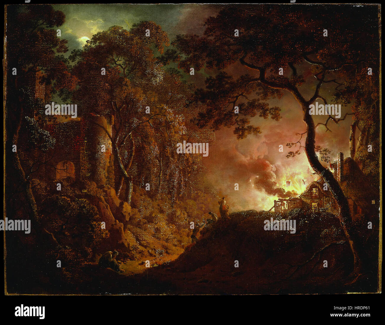 «Cottage on Fire» di Joseph Wright di Derby ritrae la scena drammatica di un cottage inondato di fiamme, con una forte attenzione all’interazione di luce e buio, mettendo in mostra la maestria di Wright nel chiaroscuro e il suo interesse per i soggetti intensi ed emotivi. Foto Stock