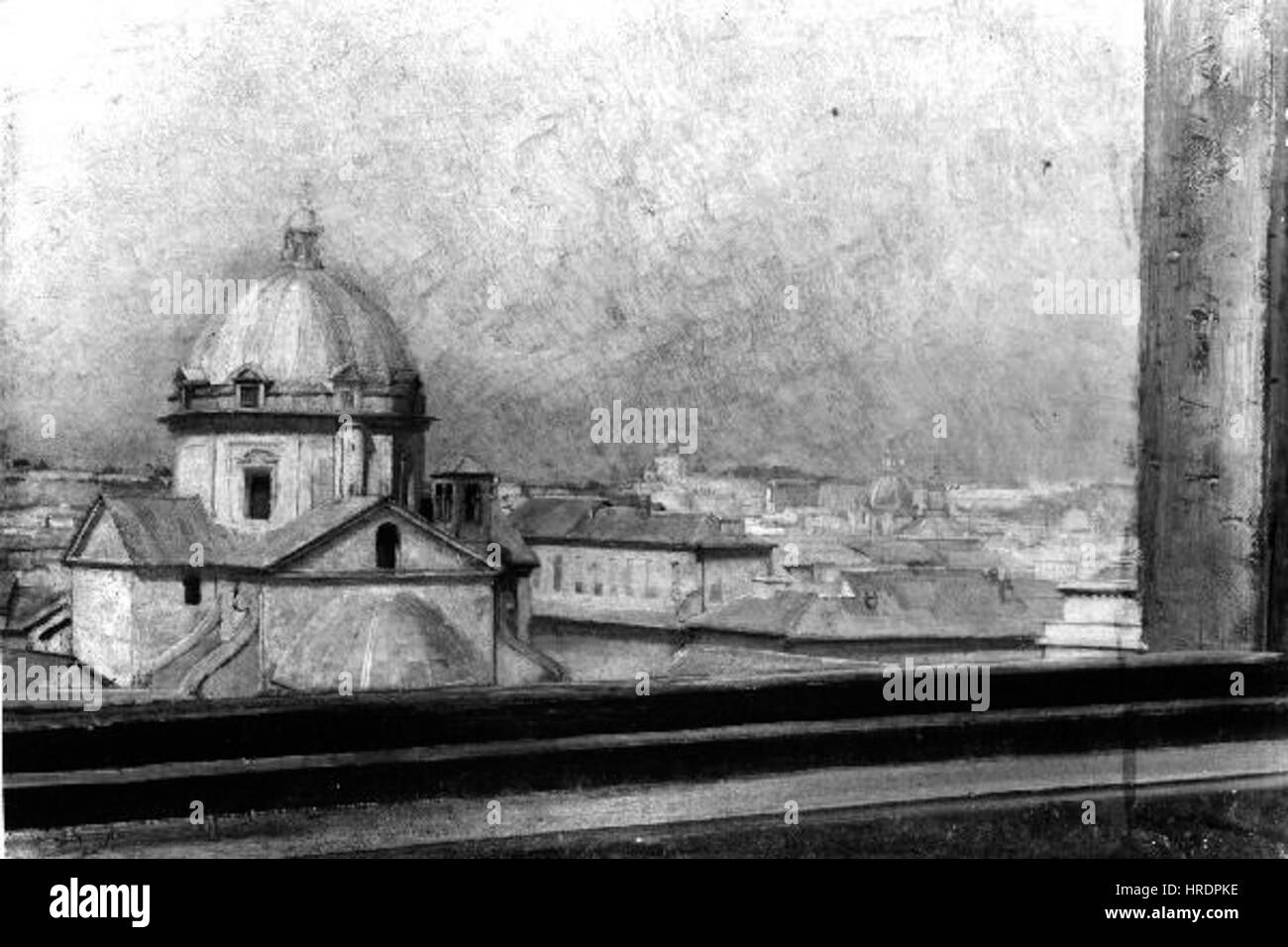 Il dipinto di Emanuel Krescenc Liska "View from the Artist's Studio Window in Rome" cattura la prospettiva panoramica dal suo atelier. L'opera riflette l'attenzione di Liska al paesaggio e alla vista urbana di Roma durante il XIX secolo, mostrando il suo legame con la città italiana e i suoi dintorni. Foto Stock