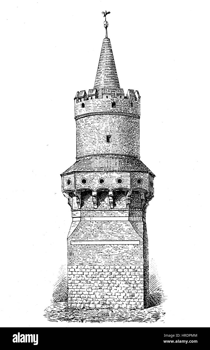 Torre di Prenzlau, fortificazione medievale, la Germania, la riproduzione di una xilografia dal xix secolo, 1885 Foto Stock