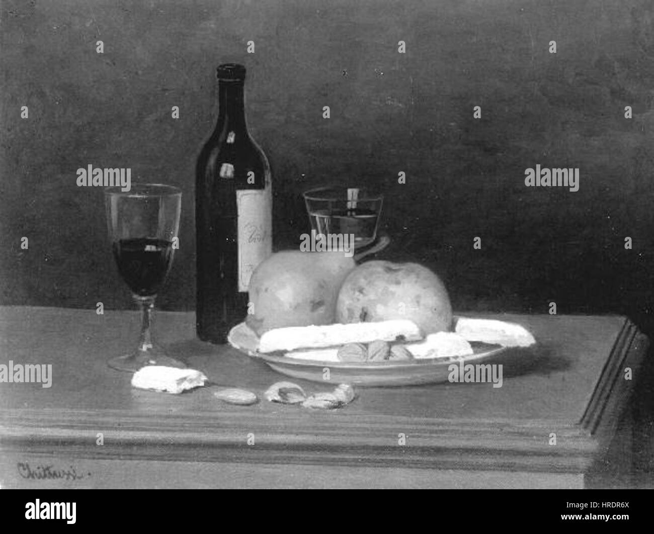 Antonin Chittussi 1. 12. 1847-1. 5. 1891 - Zatisi s lahvi vina, pecivem un ovocem Foto Stock