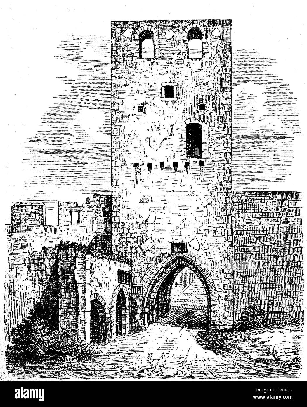 Torre di Porta di Eggenburg in Bassa Austria, fortificazione medievale, Austria, riproduzione di una xilografia dal xix secolo, 1885 Foto Stock