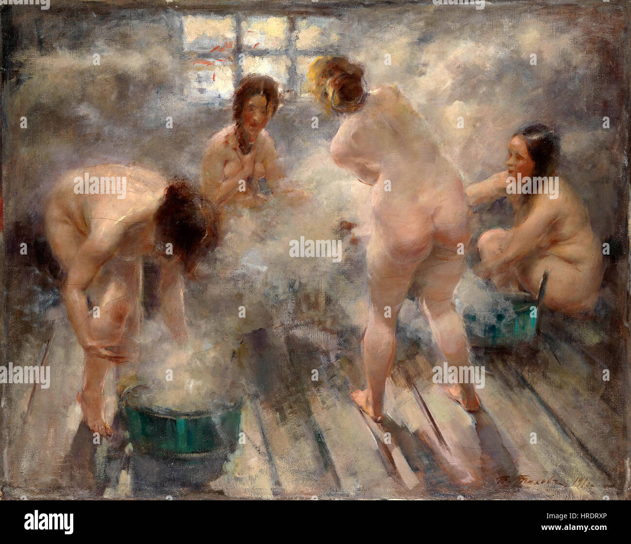 Questo dipinto di Tikhov raffigura una scena di un banya russo, un tradizionale bagno di vapore. Il lavoro cattura il significato culturale e sociale di questa attività comune in Russia, sottolineando il rilassamento e l'interazione sociale. Foto Stock