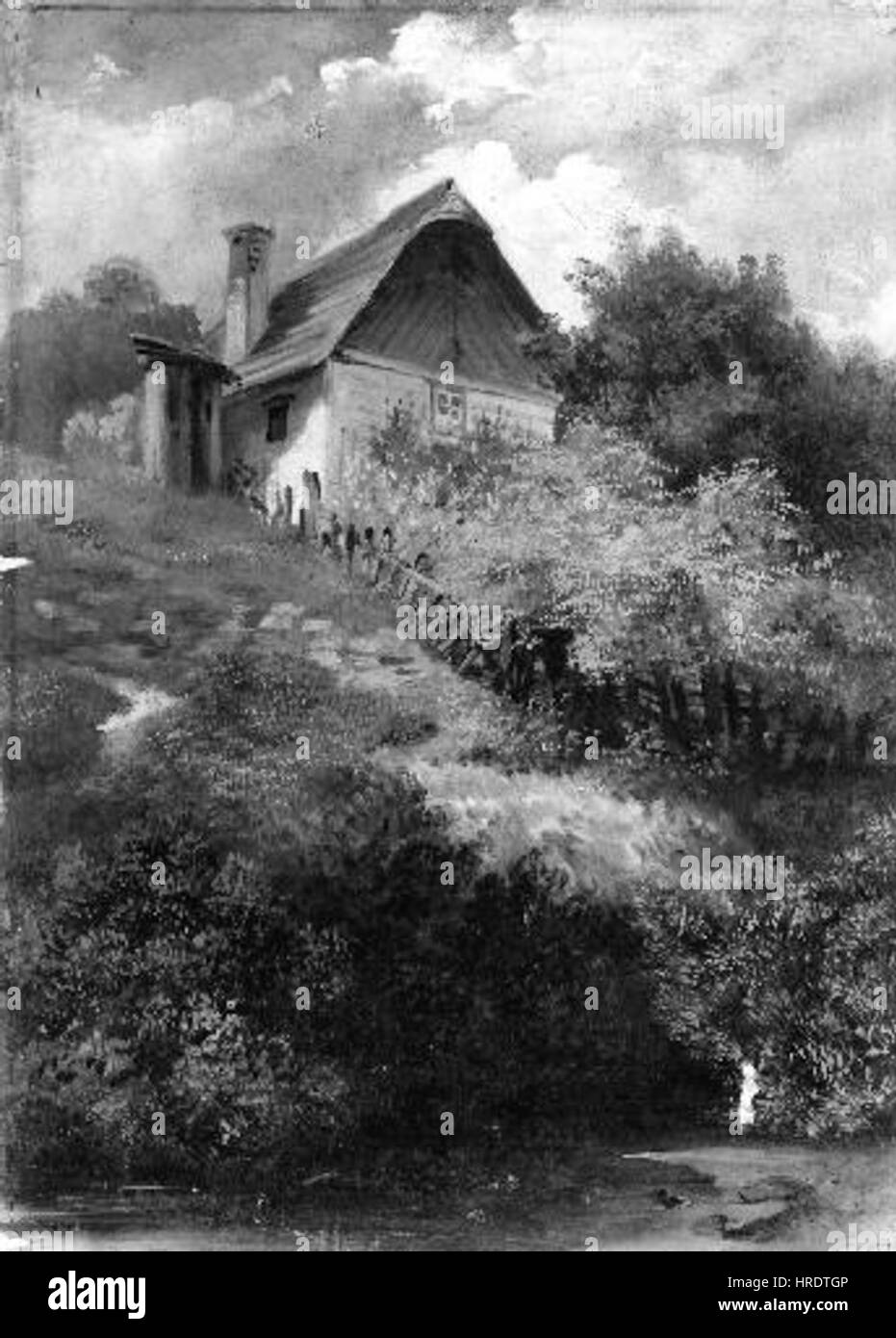 Il dipinto di Amalie Manesova "Pod chalupou" (sotto il cottage) riflette la vita rurale del XIX secolo. Rappresenta una tranquilla scena di campagna con un'attenzione particolare alla vita quotidiana, catturando la semplicità e la bellezza dell'esistenza rurale. Foto Stock