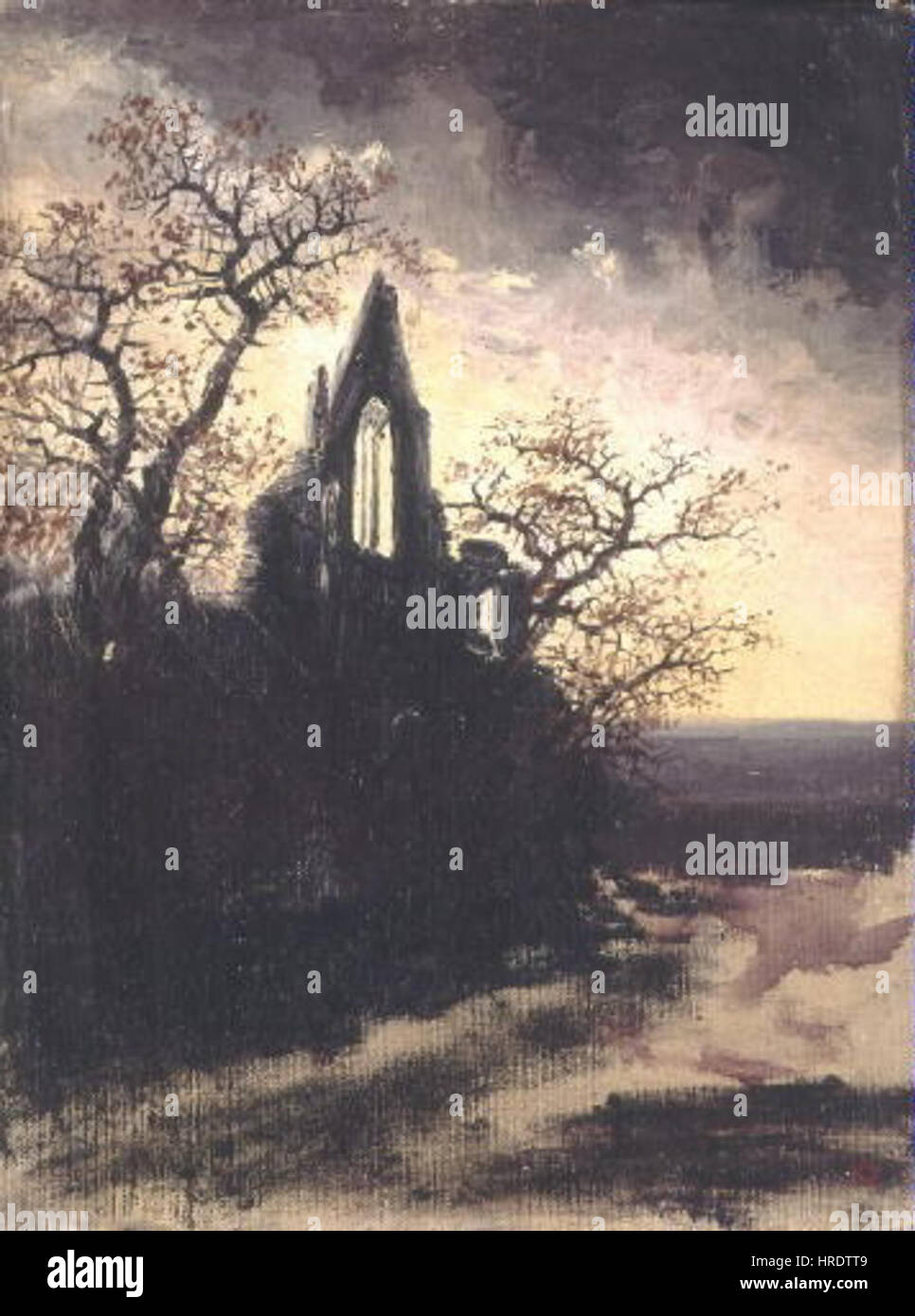 Il *Goticka zricenina* (rovine gotiche) di Antonin Waldhauser cattura una rappresentazione drammatica delle rovine medievali. Il pezzo sottolinea la decadenza e la bellezza dell'architettura gotica, illustrando il passare del tempo e le maestose ma dimenticate strutture del passato. Foto Stock