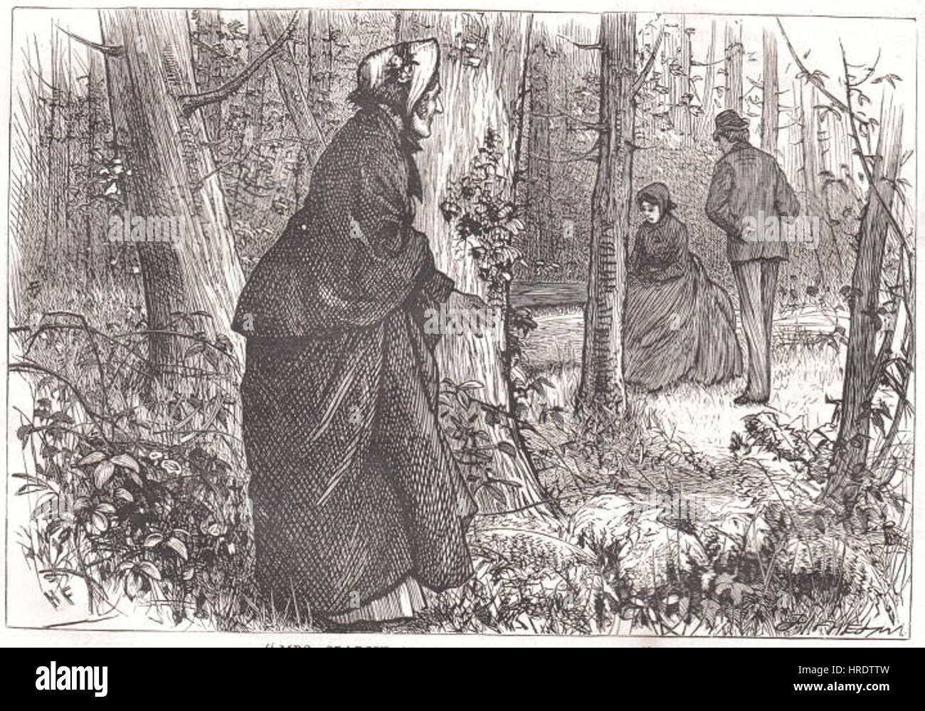 Questa illustrazione, creata da Harry French, raffigura una scena del romanzo di Charles Dickens "tempi duri", dove la signora Sparsit osserva Harthouse e Louisa in un ambiente boscoso. L'immagine evidenzia la tensione psicologica e la complessità emotiva nella narrazione. Foto Stock