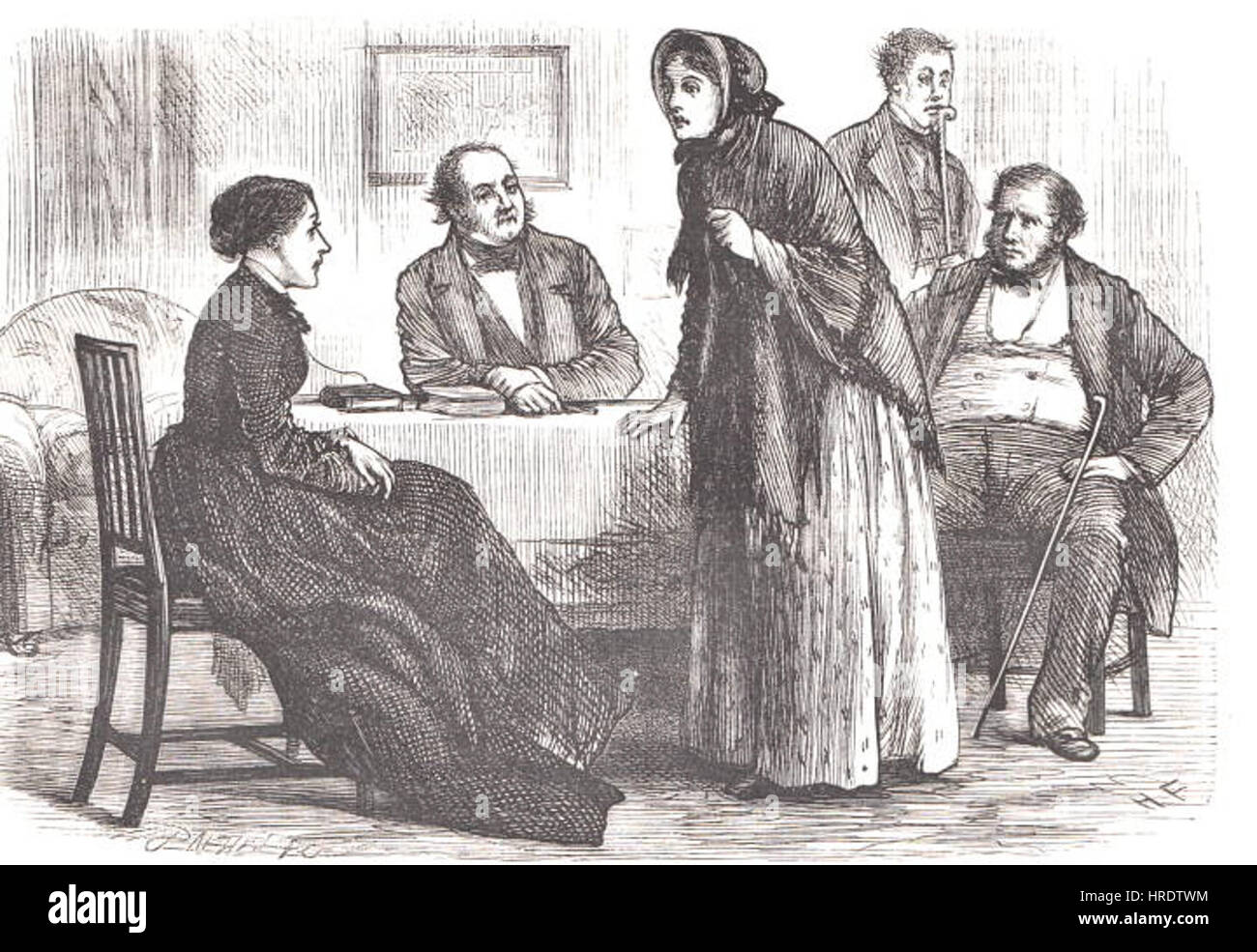 Nell'opera d'arte, Rachel raffigura un momento drammatico tratto da "tempi duri" di Charles Dickens, dove Rachel si rivolge a Louisa alla presenza di Bounderby, Gradgrind e Tom. Il pezzo cattura la tensione emotiva tra i personaggi, evidenziando temi di industrializzazione e classe sociale nella società vittoriana. Foto Stock