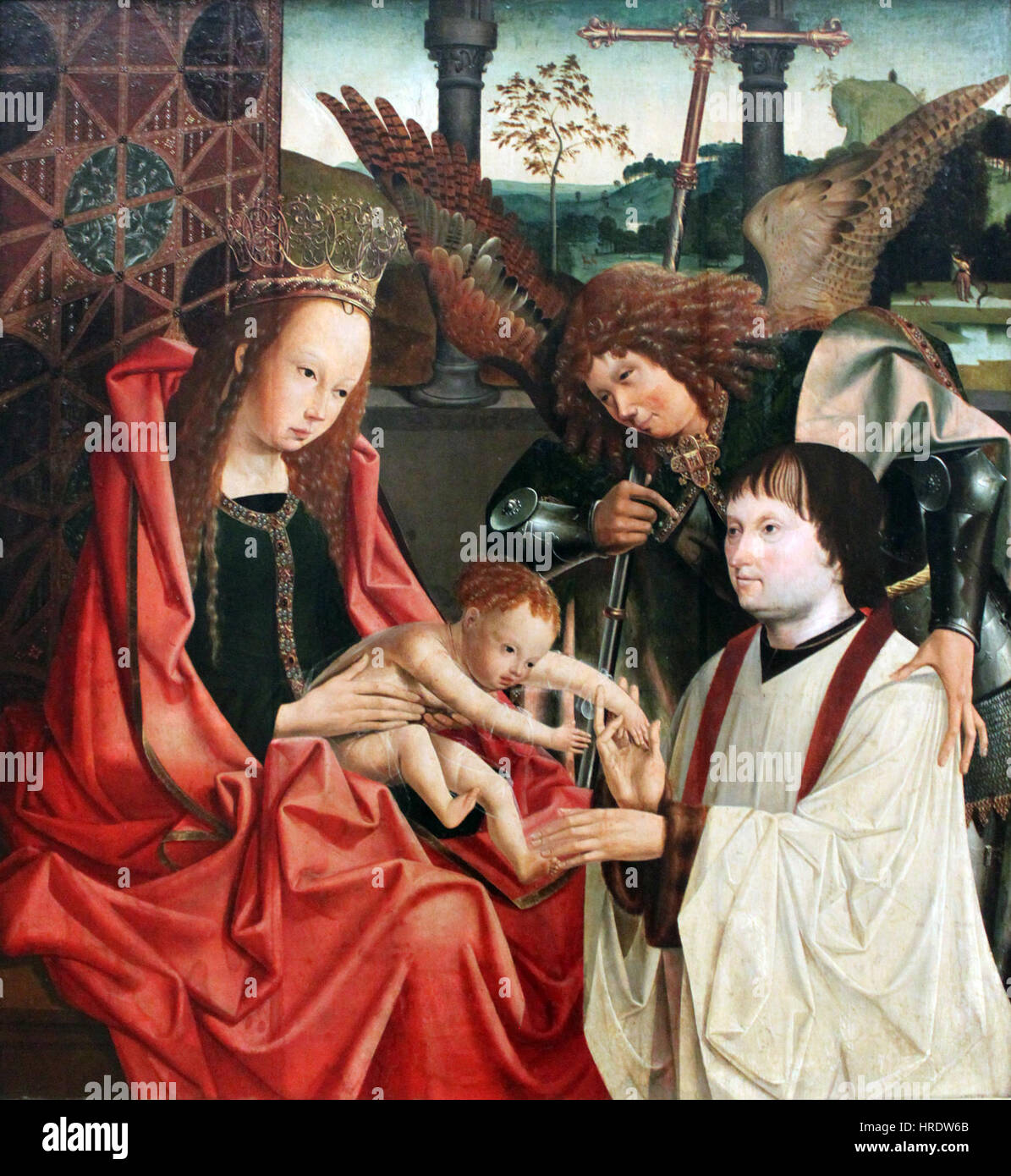 1510 Meister des Antwerpener Marien-Tryptichons Maria mit dem tipo, dem Erzengel Michael und einem Stifter anagoria Foto Stock