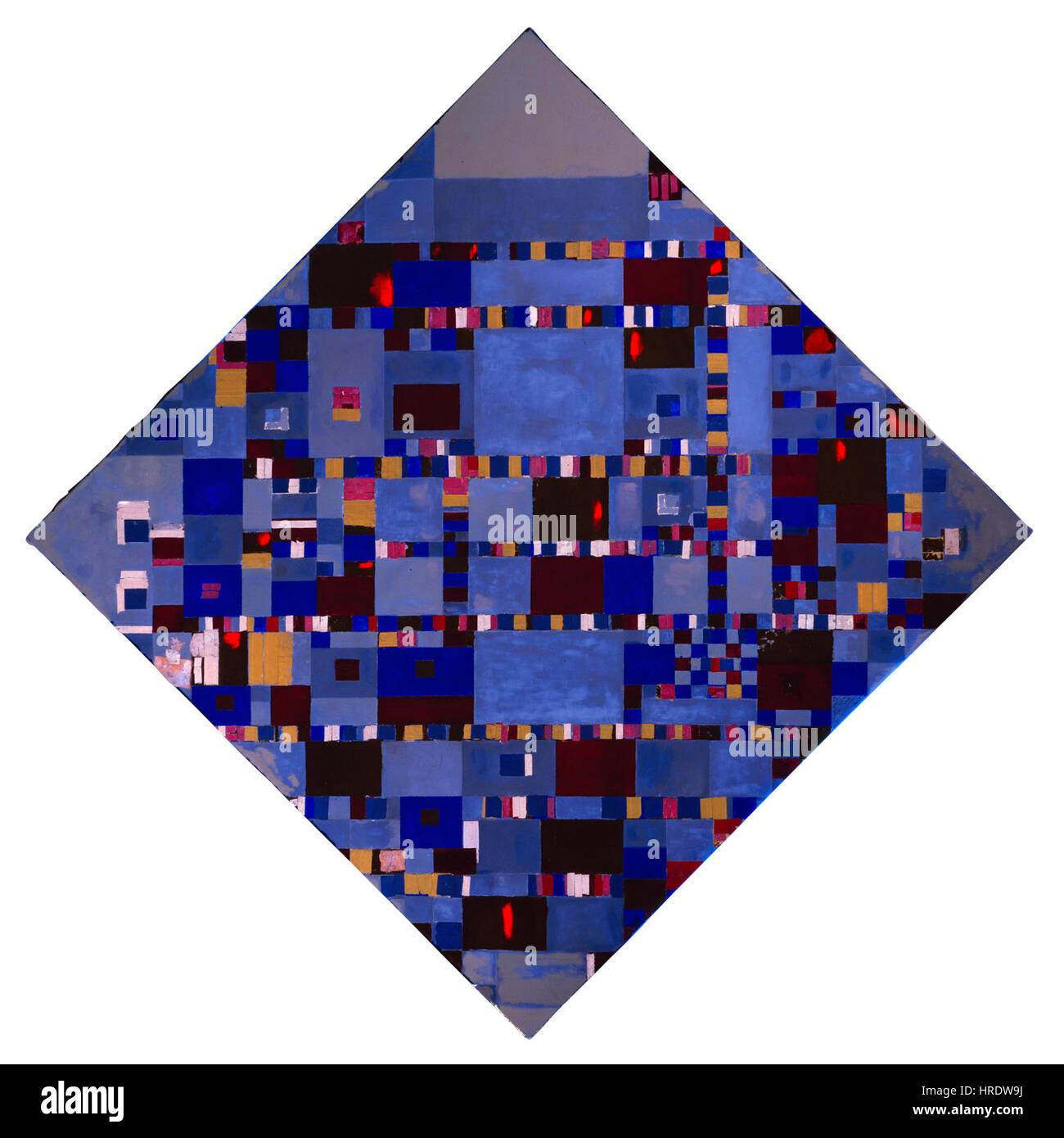 "Victory Boogie Woogie" è uno dei lavori finali di Piet Mondrian, che mostra la sua iconica astrazione basata su griglia. L'uso di vivaci blocchi di colore e forme geometriche crea un'energia ritmica, che simboleggia lo spirito di vittoria nella seconda guerra mondiale, arricchita da elementi UV per una moderna interpretazione. Foto Stock