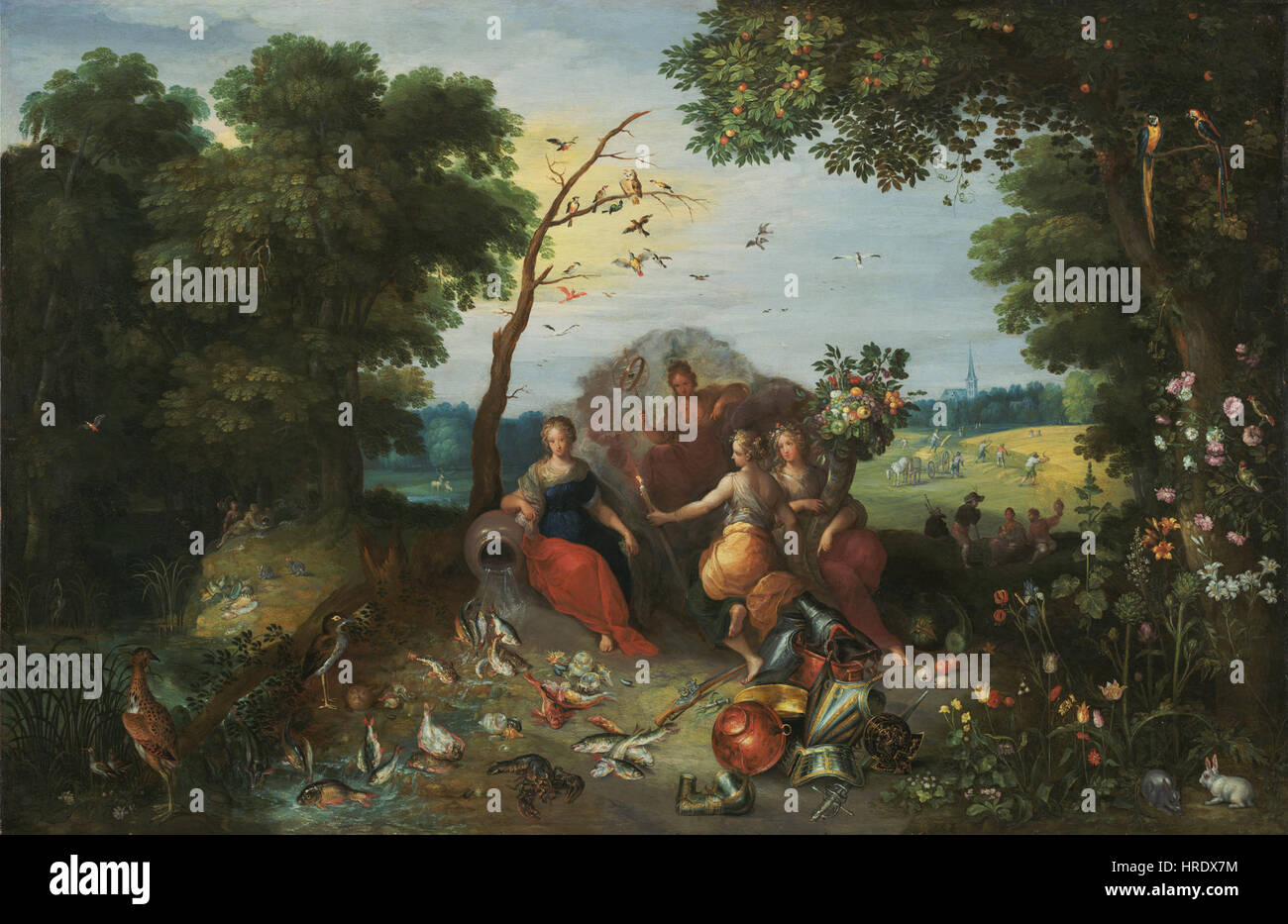 Questo lavoro collaborativo di Jan Brueghel il giovane e Frans Francken il giovane raffigura un paesaggio che incorpora allegorie che rappresentano i quattro elementi: Terra, acqua, aria e fuoco. Il dipinto illustra le relazioni simboliche tra la natura e gli elementi, segno distintivo dell'arte barocca fiamminga. Foto Stock