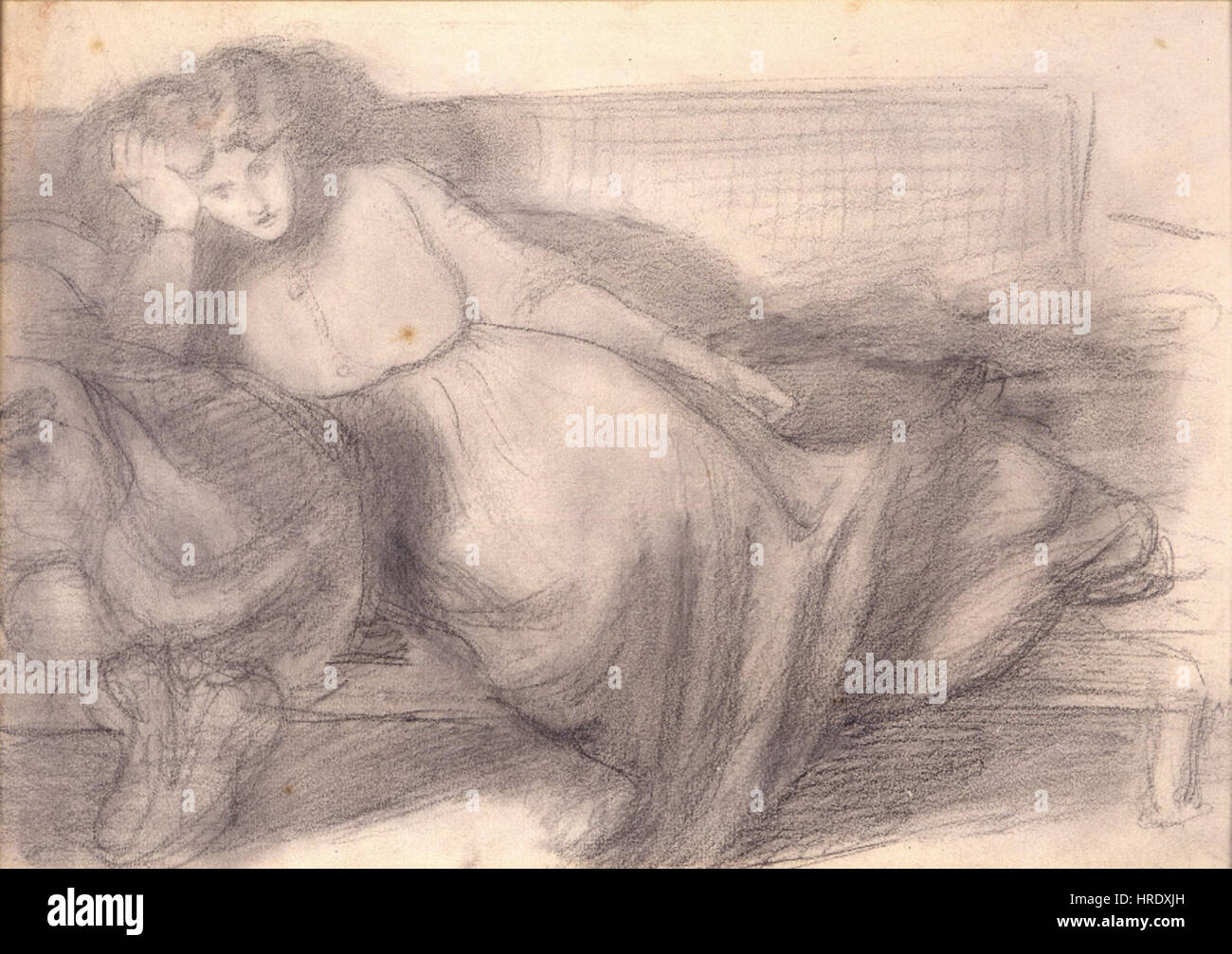 Jane Morris, moglie di William Morris, sdraiata su un divano, in un disegno a matita di Dante Gabriel Rossetti, poeta e artista inglese, circa 1870. Foto Stock