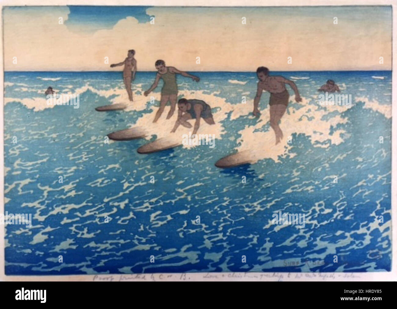 Charles W. Bartlett - 'Surf-Riders, Honolulu", stato B, 1919, xilografia a colori Foto Stock