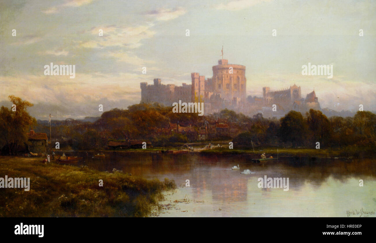 Il "Royal Windsor" di Alfred de Breanski è un dipinto di paesaggio che raffigura la bellezza scenica di Windsor, sede della monarchia britannica. Il dipinto cattura la grandezza della tenuta reale, con viste dettagliate del Castello di Windsor e del paesaggio circostante, una testimonianza del patrimonio britannico. Foto Stock